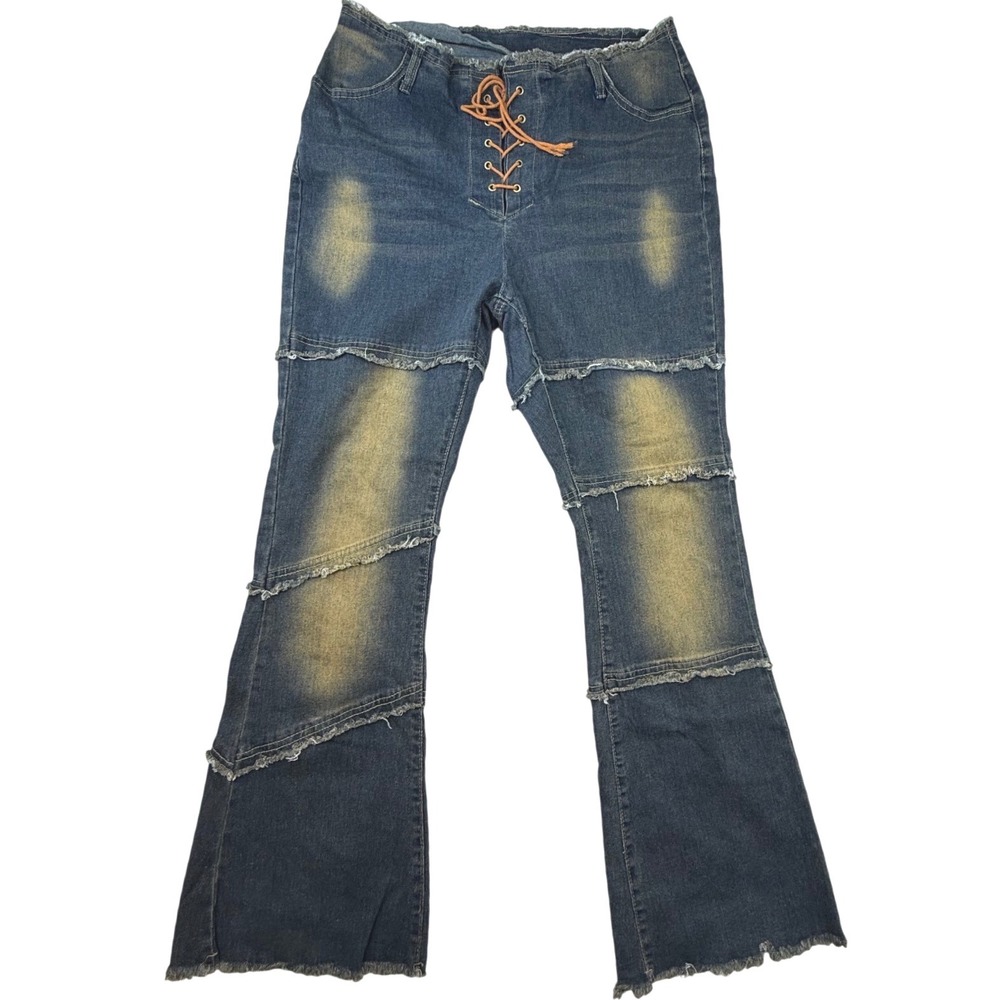 Lace Up Flare‎ Jeans Blue Distressed Raw Edge Tiered Y2K Plus 2X hippie boho